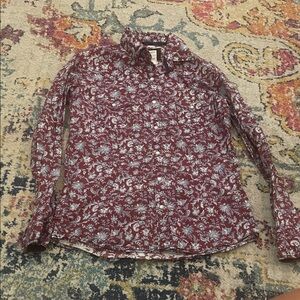 Women's Floral Button Down Shirt - Burgundy and White